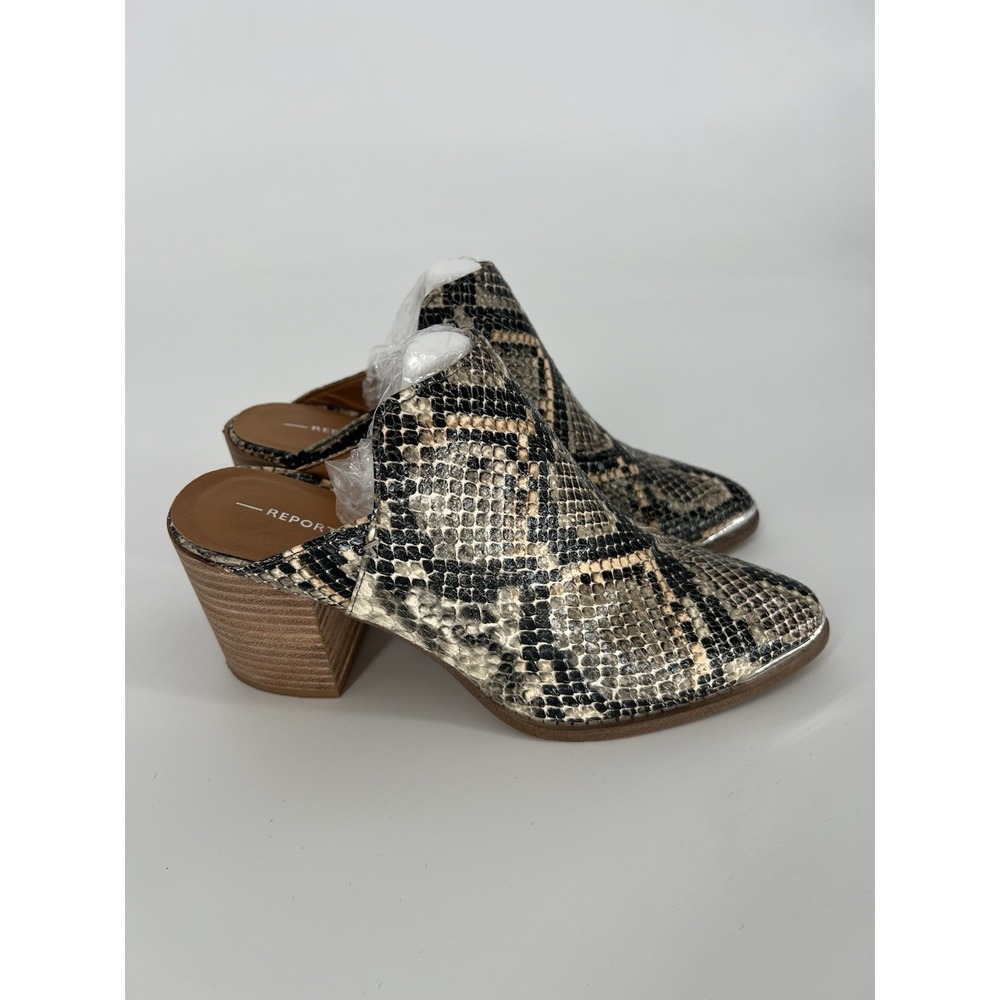Report Snakeskin Print Temperance‎ Block Heel Mule Bootie Shoe Metal Tip Toe 8